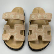 chypre sandal beige suede calfskin white thread embroidered