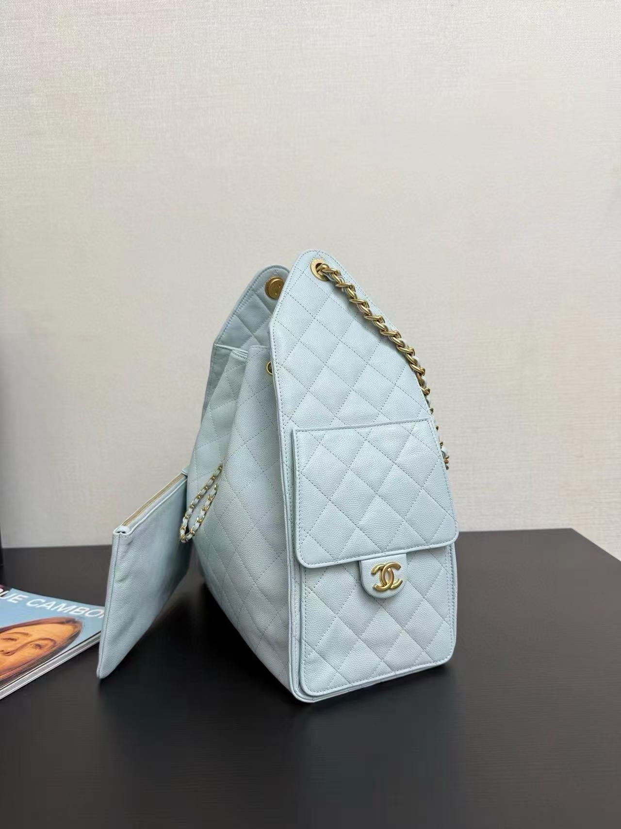 Chanel 2025 Hobo Bag 40cm Light Blue Grained Calfskin