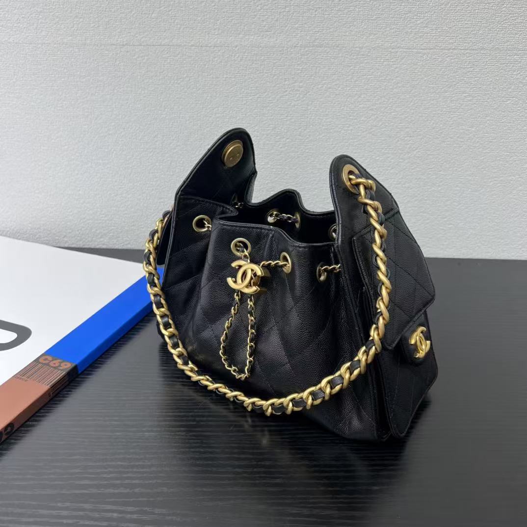 Chanel 2025 Hobo Bag 22cm Black Gold Grained Calfskin