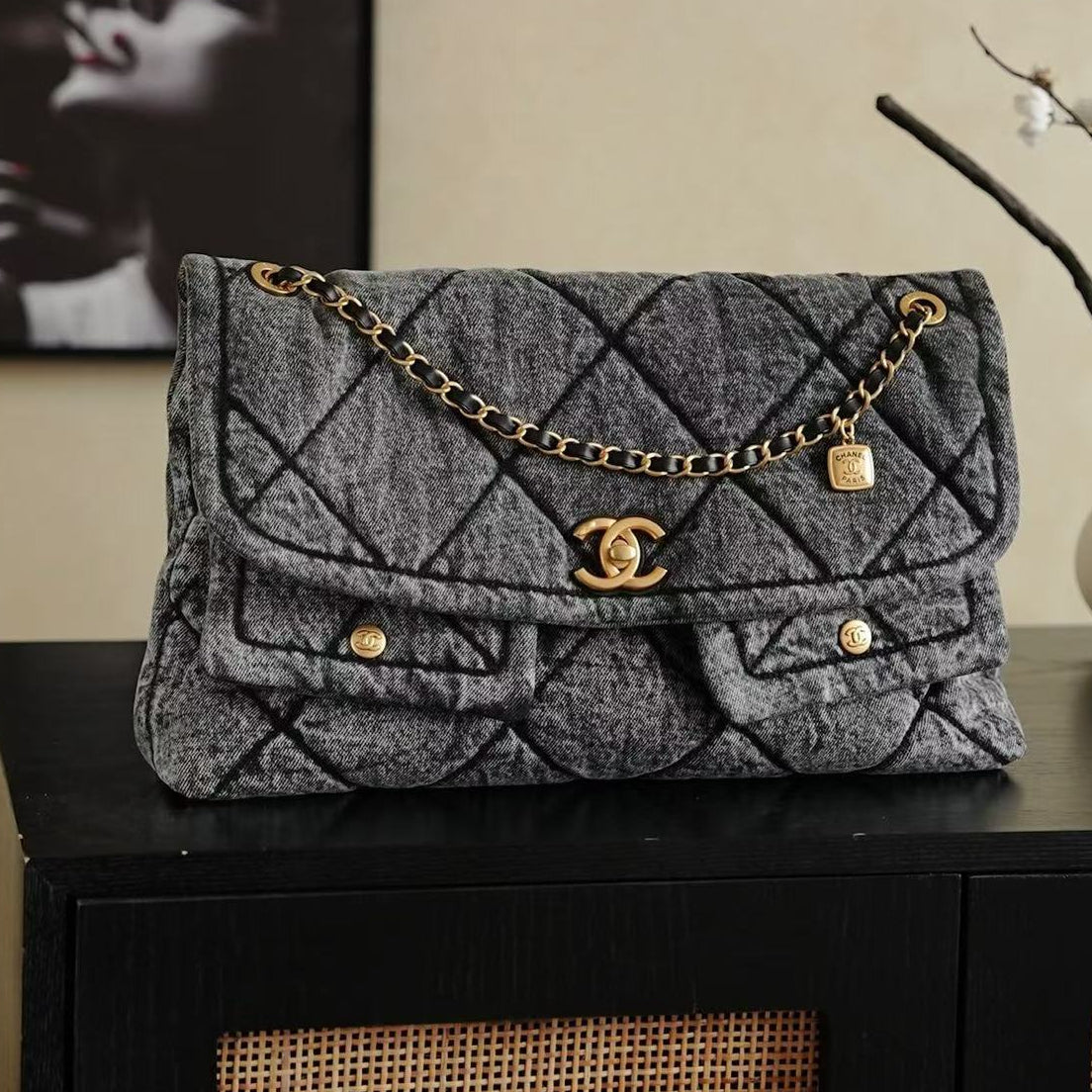 CC 2025 Classic Flap Bag Black Denim Fabric Gold Hardware