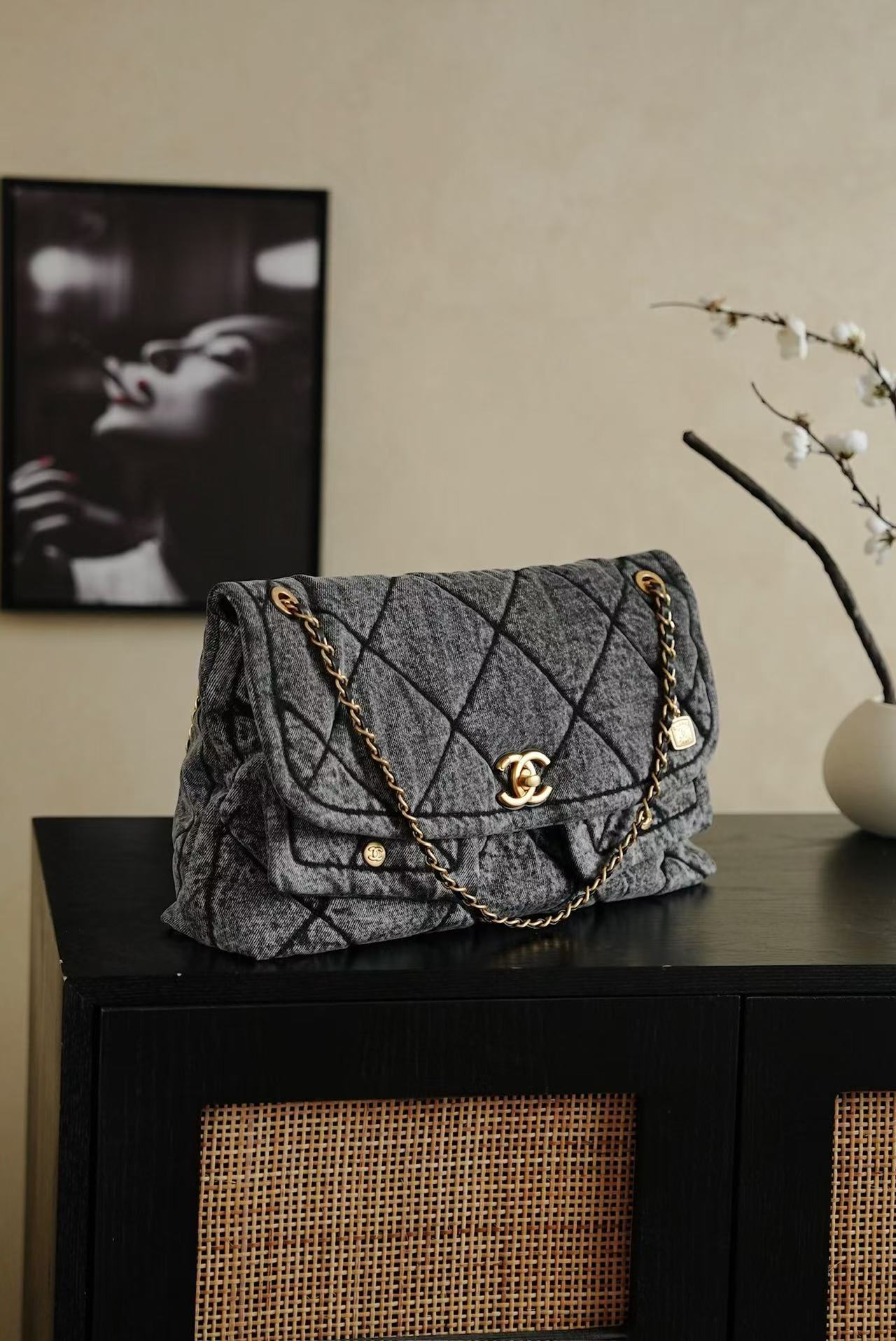 CC 2025 Classic Flap Bag Black Denim Fabric Gold Hardware