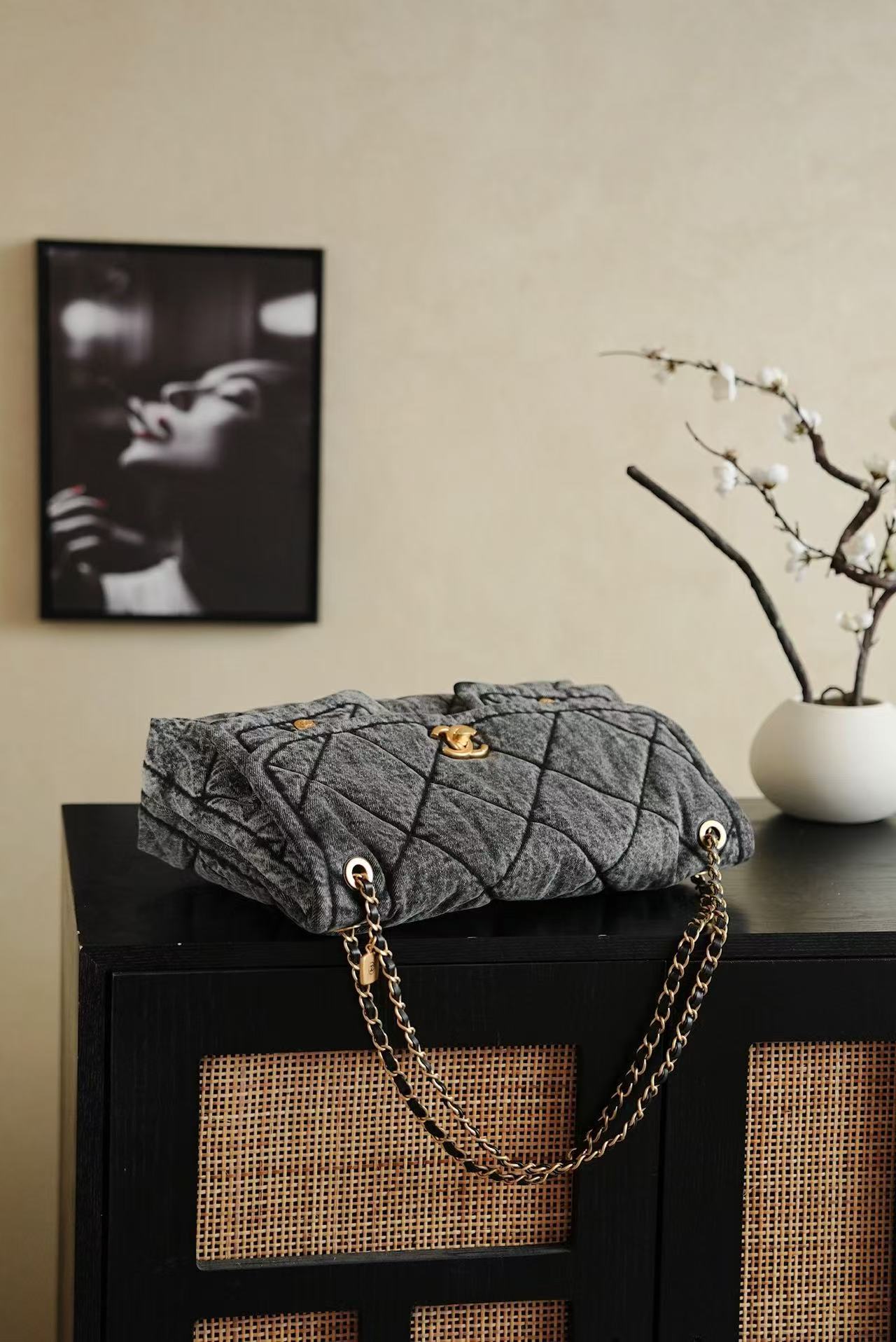 CC 2025 Classic Flap Bag Black Denim Fabric Gold Hardware