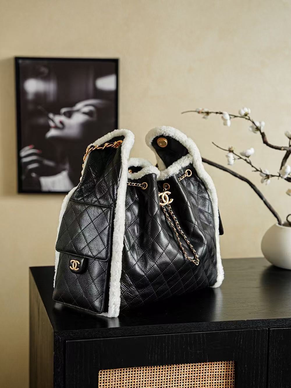 CC 25C Hobo Bag 40cm Black White Lambskin Gold Hardware