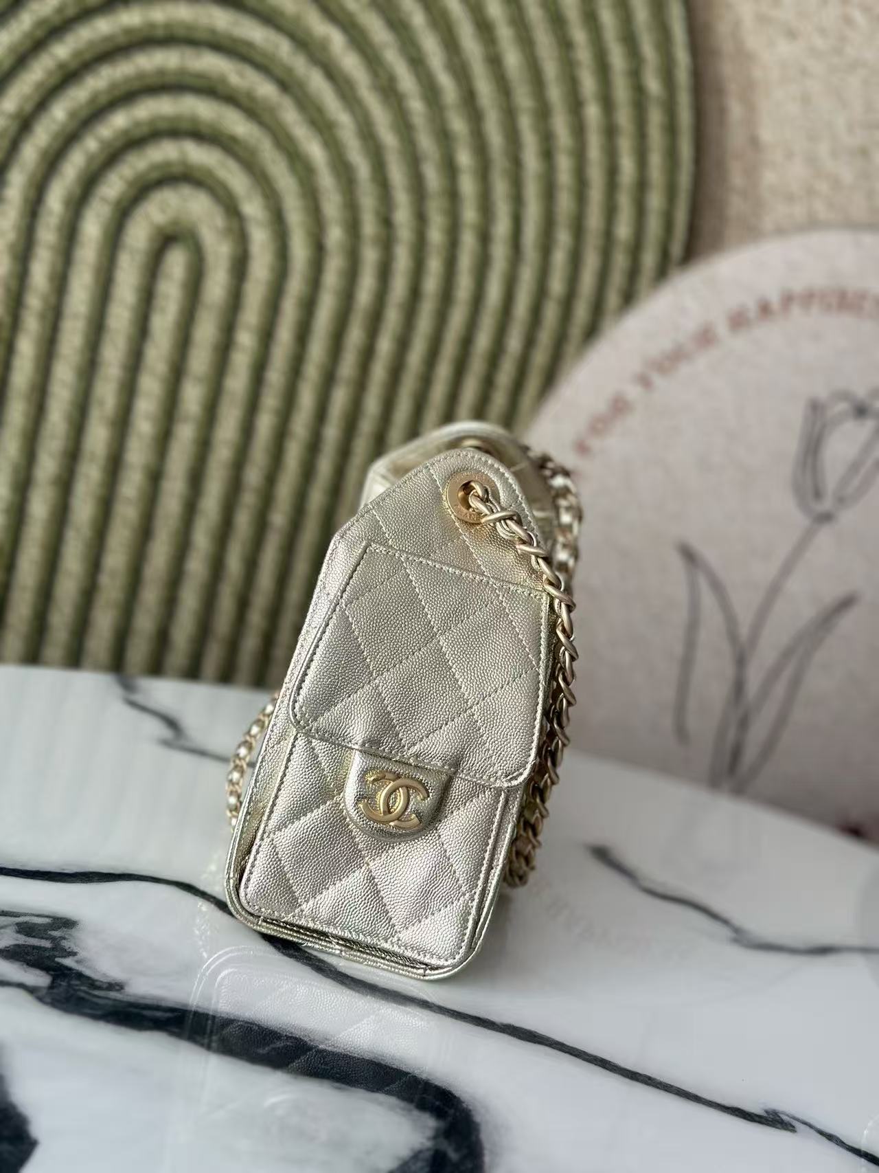 CC 2025 Hobo Bag Gold 22cm Metallic Grained Calfskin