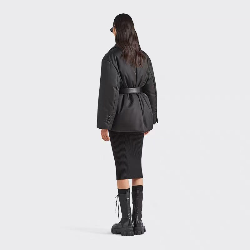 Prada 2025 Re-Nylon Down Jacket With Wide Lapels And A Belt