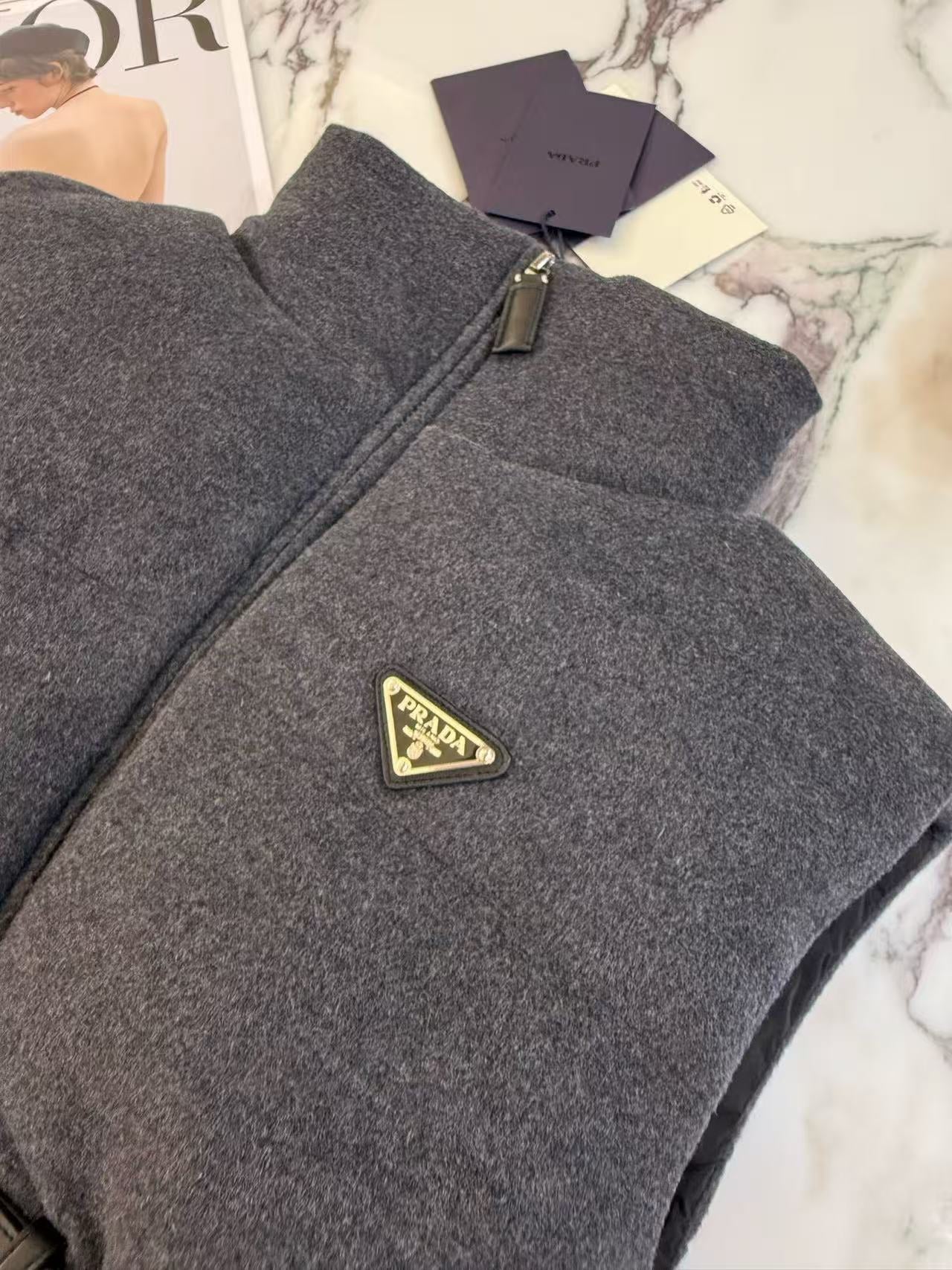 Prada 2025 Belted Down Vest Gray Wool