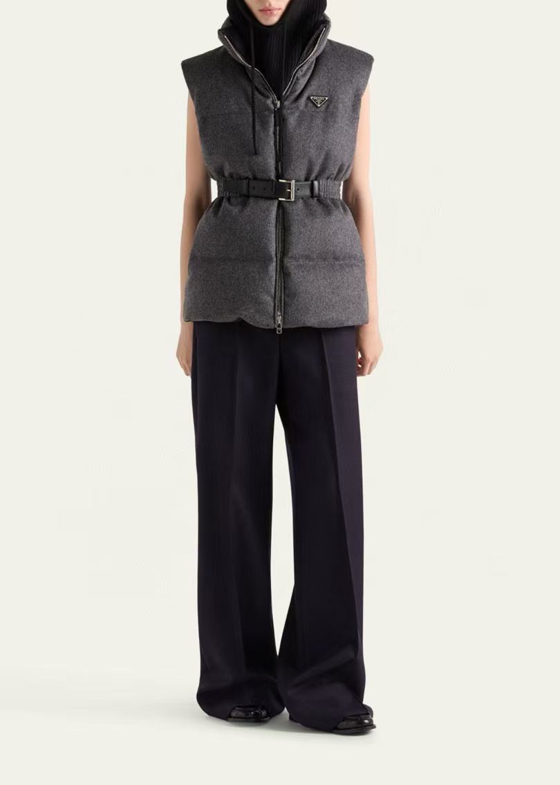 Prada 2025 Belted Down Vest Gray Wool