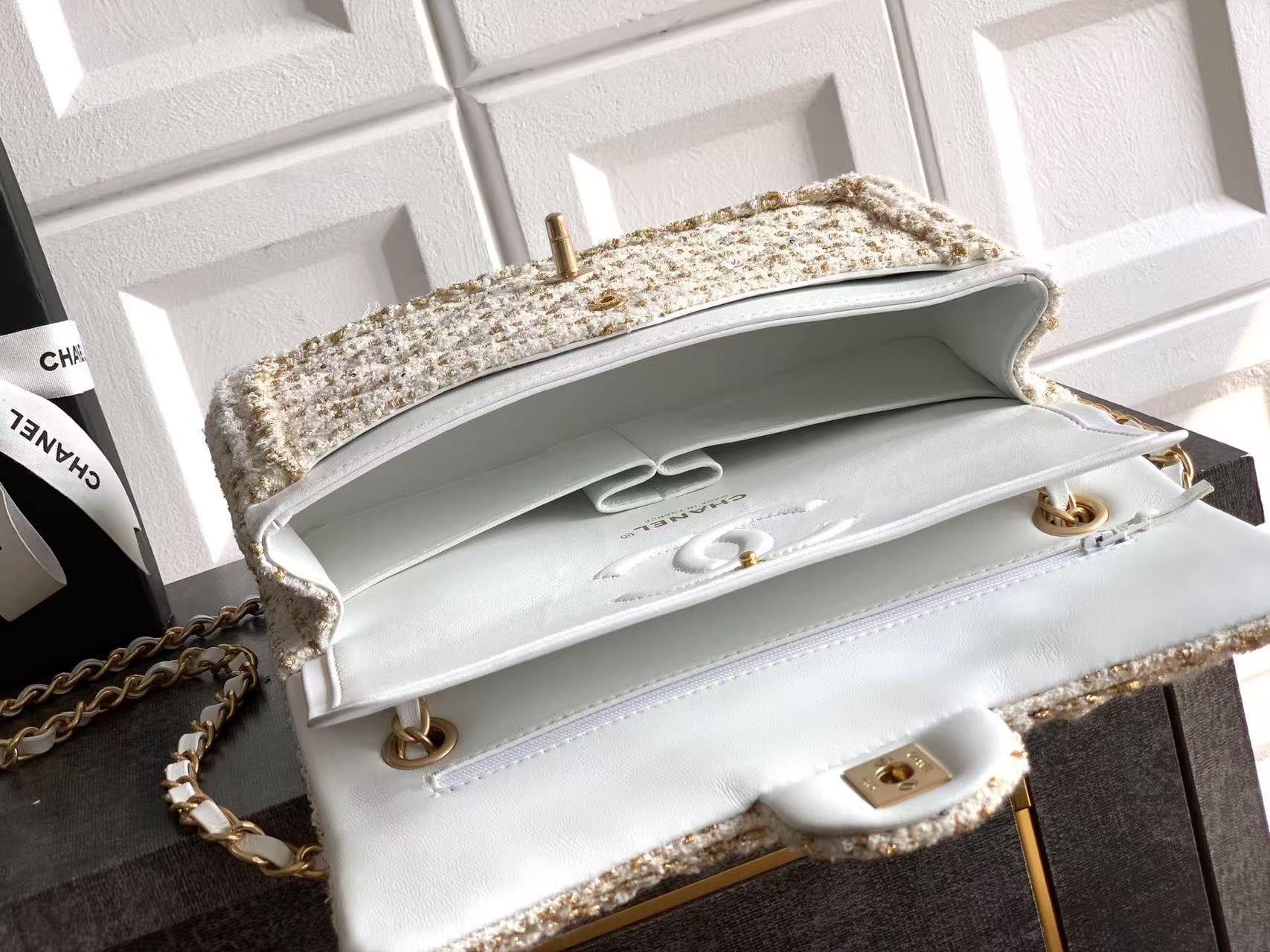 Chanel 2026 Quilted Rectangular Flap Bag 25cm White Gold Tweed Leather