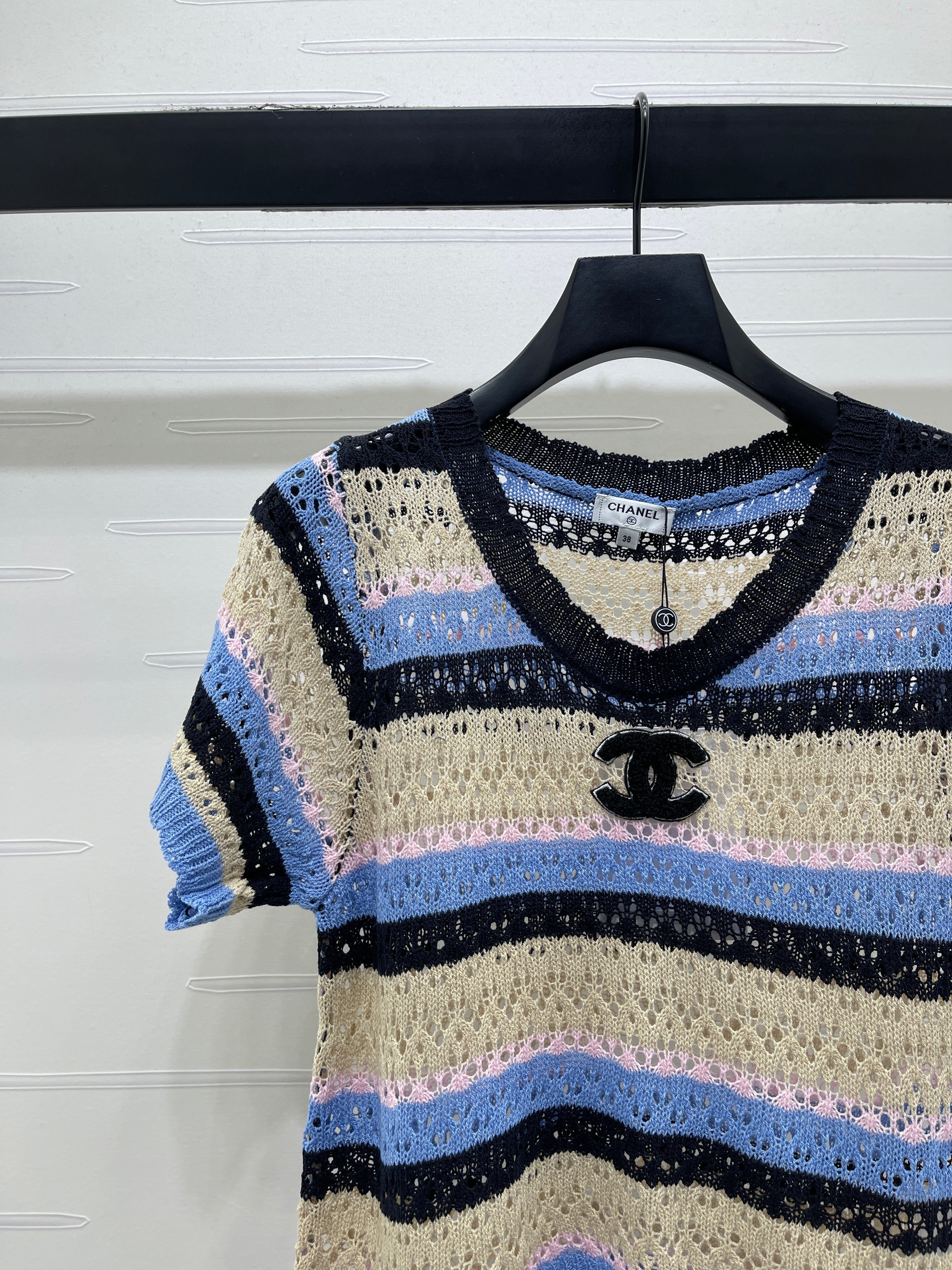 Chanel 2026 Hollow Out Knit Top Blue Beige Black Cotton