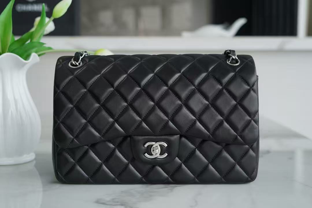Chanel 2026 Flap Bag 30cm Black Sheepskin With Silver Hardware