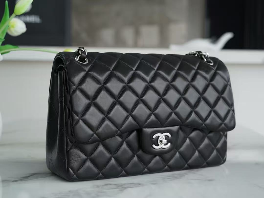 Chanel 2026 Flap Bag 30cm Black Sheepskin With Silver Hardware