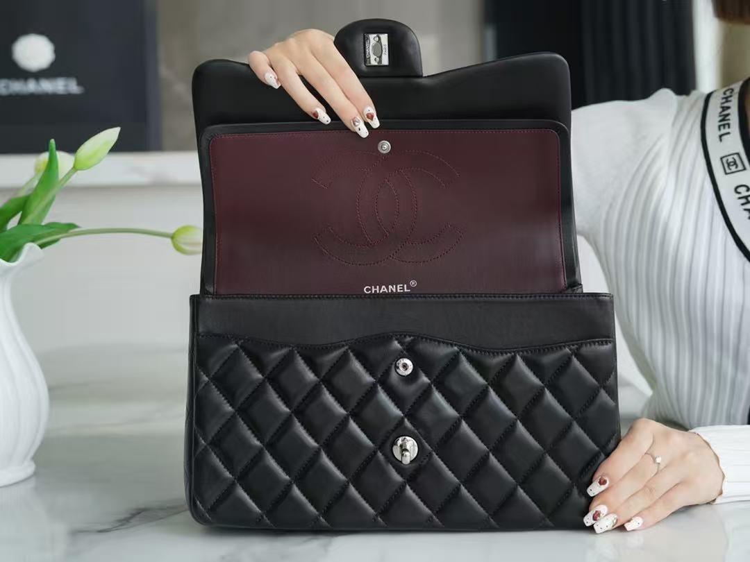 Chanel 2026 Flap Bag 30cm Black Sheepskin With Silver Hardware