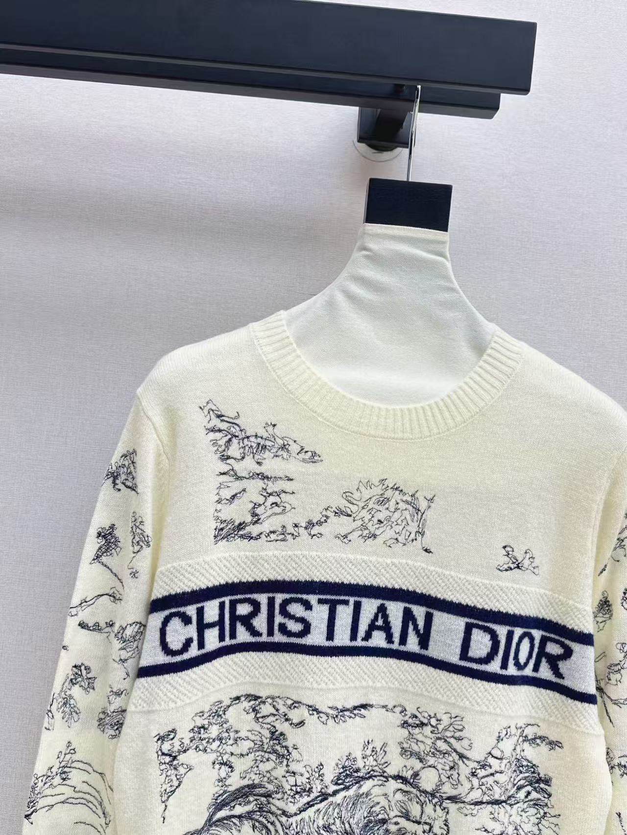 Dior 2026 Toile de Jouy Logo Knit Sweater Cream Blue Wool