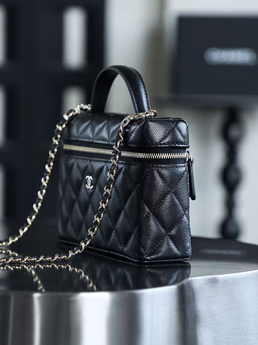 Chanel 2026 Vanity Bag 19.5cm Black Light Gold Caviar Leather