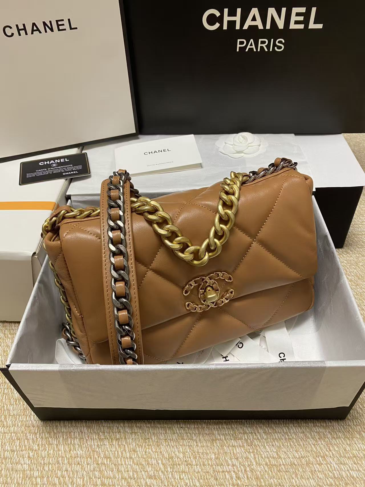 CHANEL 19 FLAP BAG 26 TAN GOATSKIN