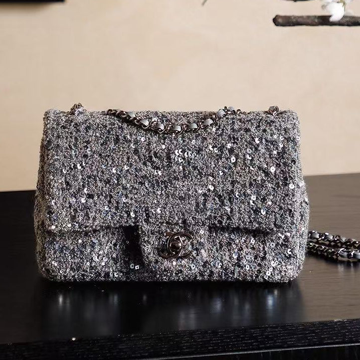 Chanel 2026 Flap Bag 21cm Silver Gray Chevron Sequin
