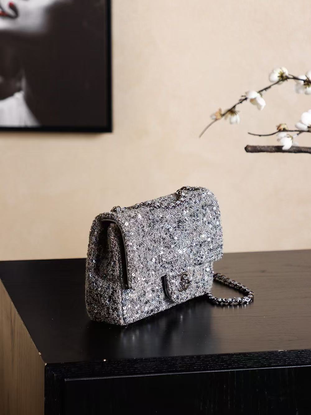 Chanel 2026 Flap Bag 21cm Silver Gray Chevron Sequin