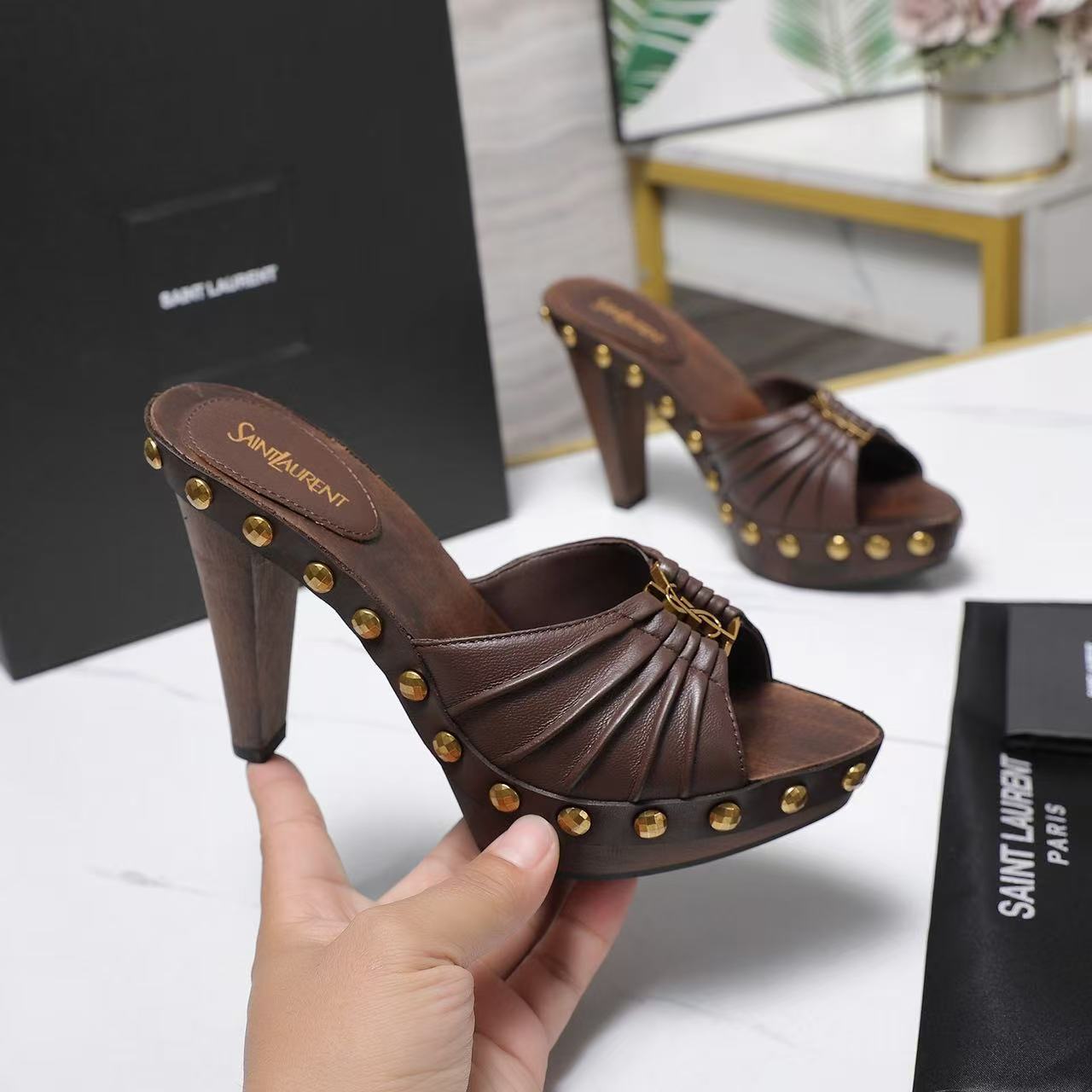 YSL 2026 Bavylone Platform Sandal Brown Smooth Leather