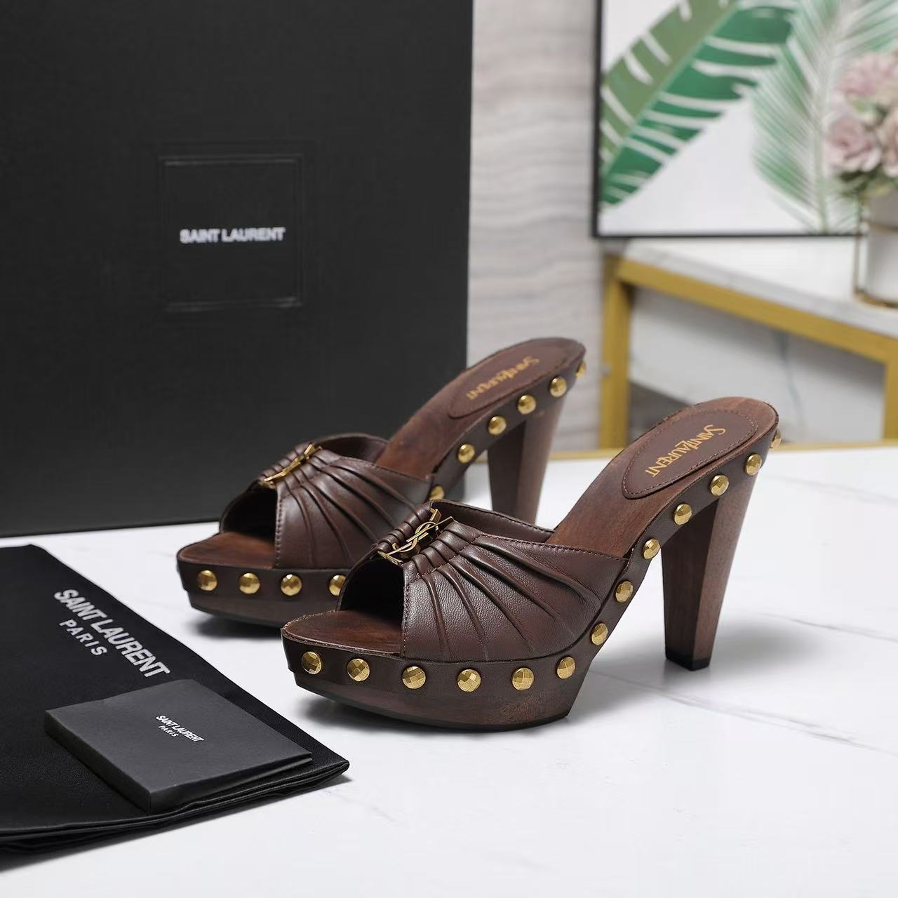 YSL 2026 Bavylone Platform Sandal Brown Smooth Leather