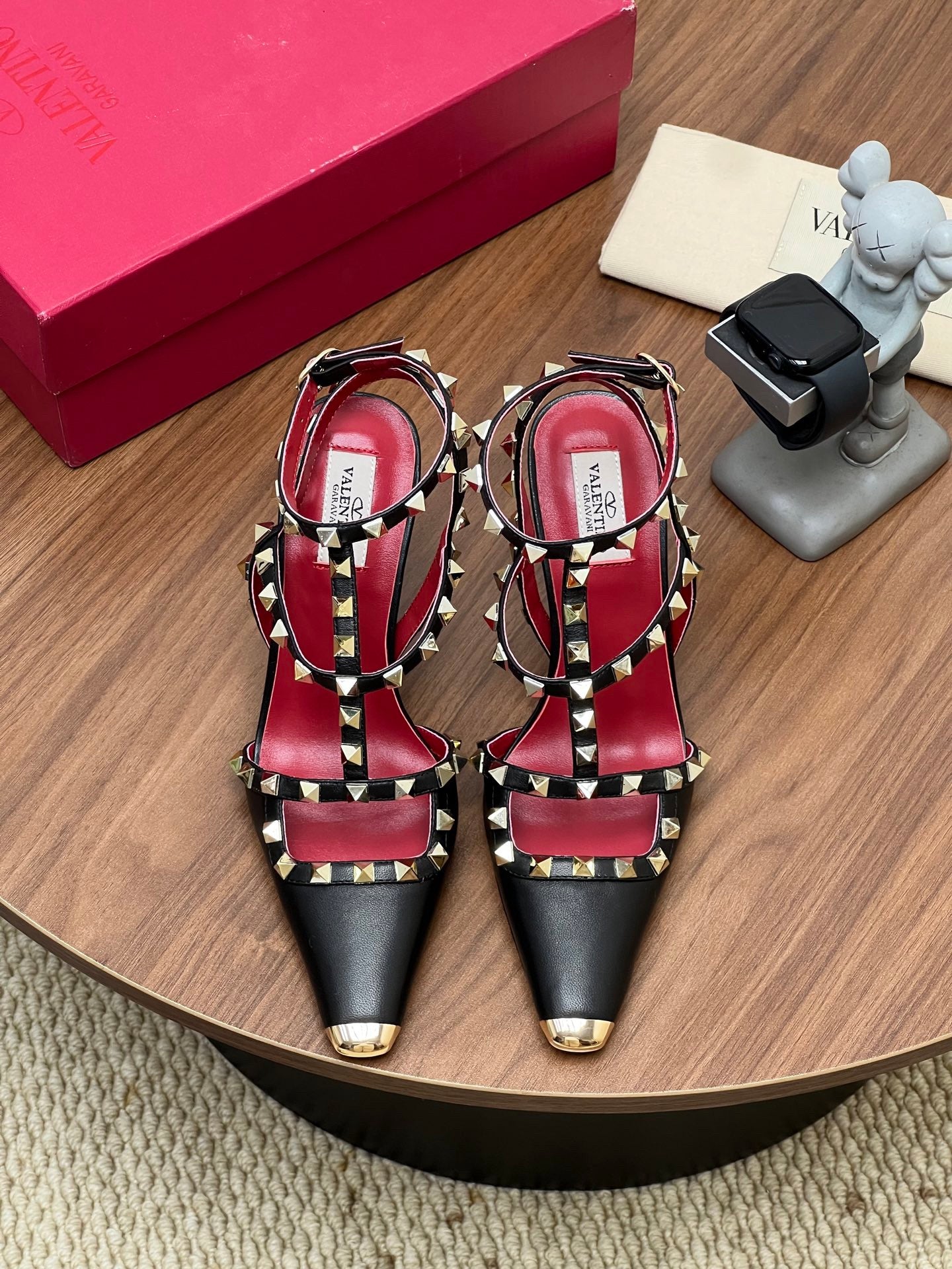 Valentino Rockstud Kidskin Pumps 100mm Black Red Leather