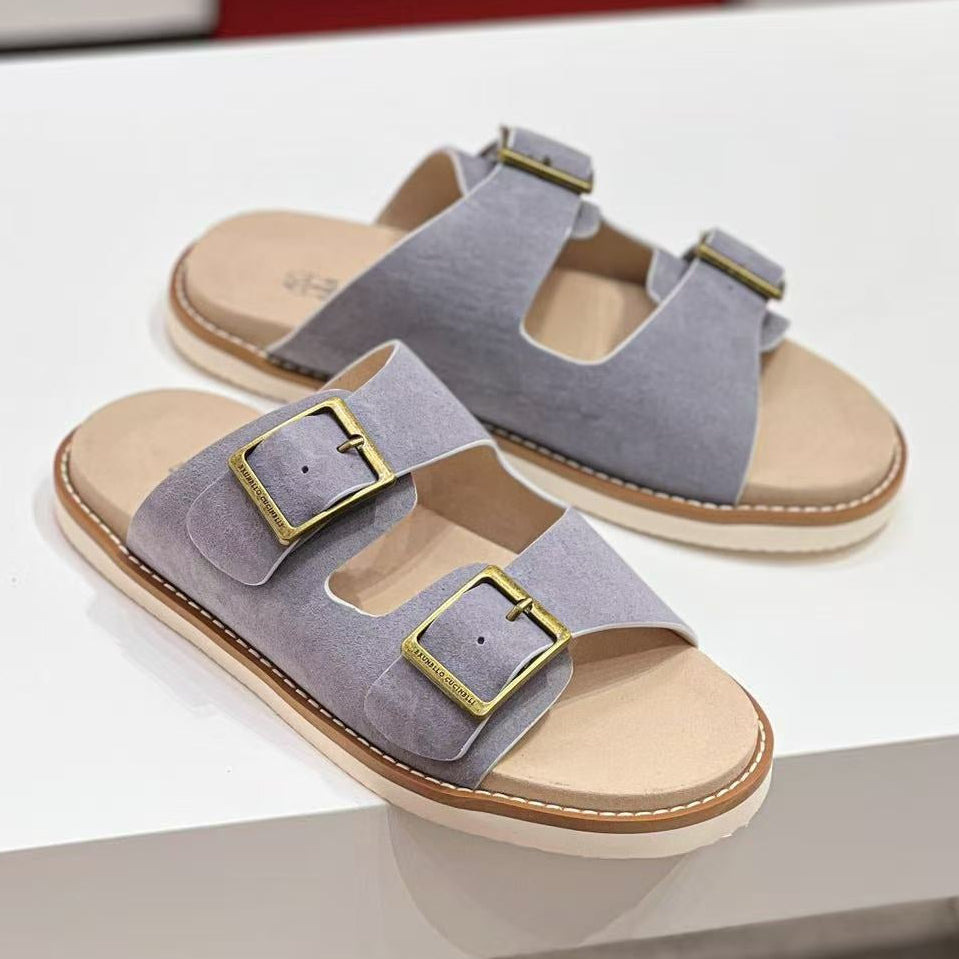Brunello Cucinelli Buckled Suede Slides Light Gray mix Beige Suede Leather