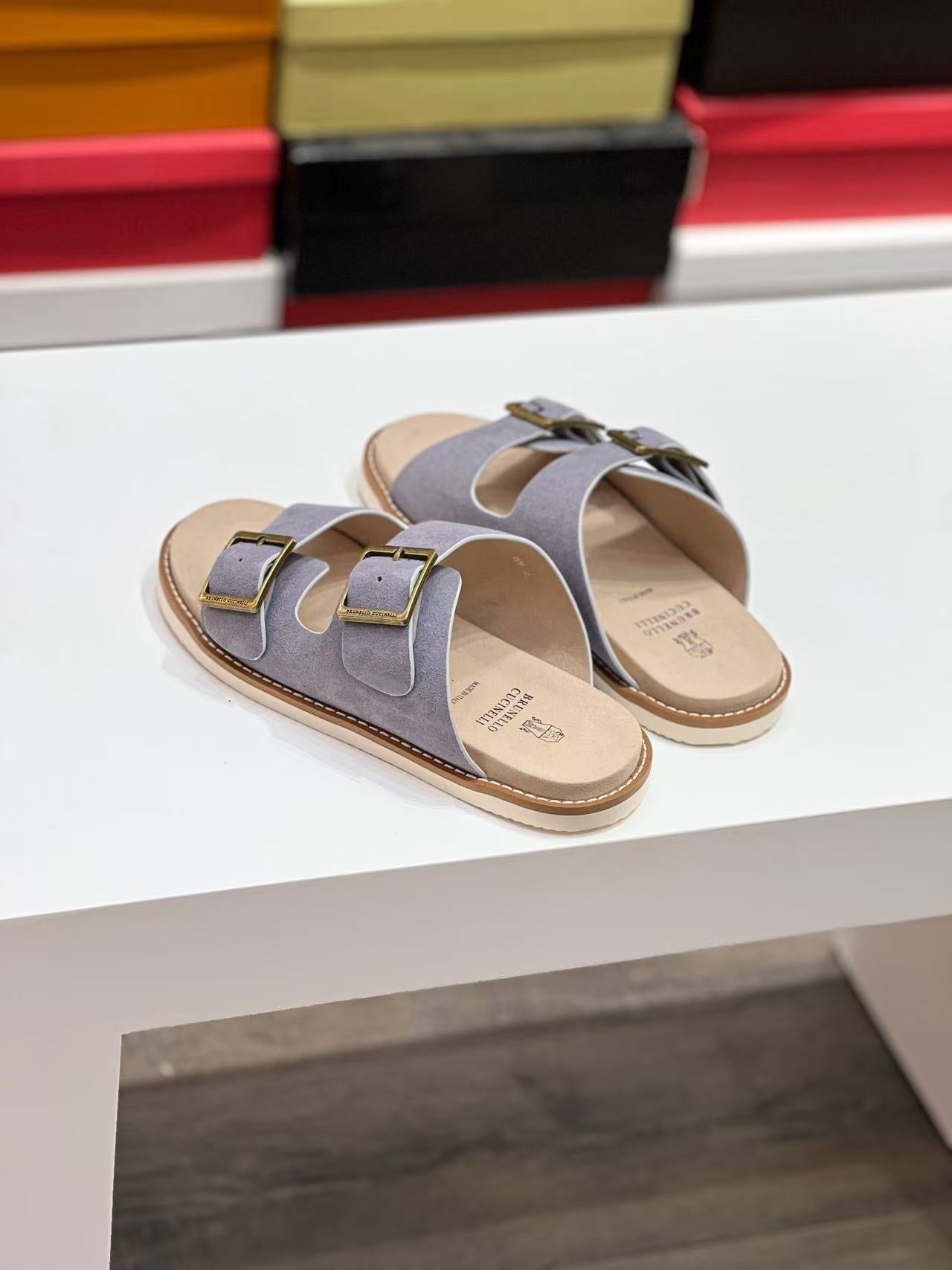 Brunello Cucinelli Buckled Suede Slides Light Gray mix Beige Suede Leather