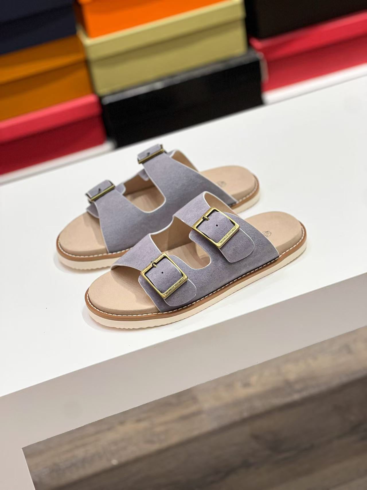 Brunello Cucinelli Buckled Suede Slides Light Gray mix Beige Suede Leather