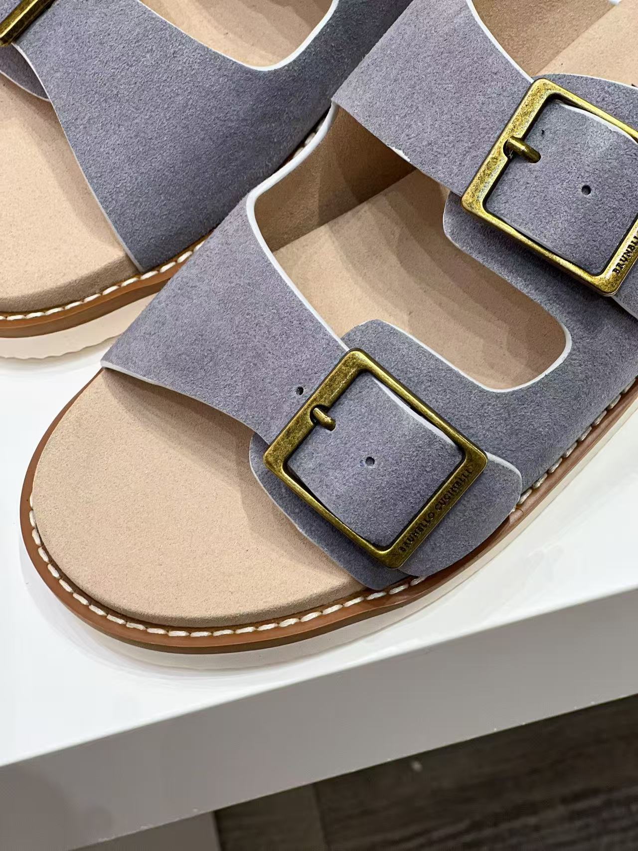 Brunello Cucinelli Buckled Suede Slides Light Gray mix Beige Suede Leather