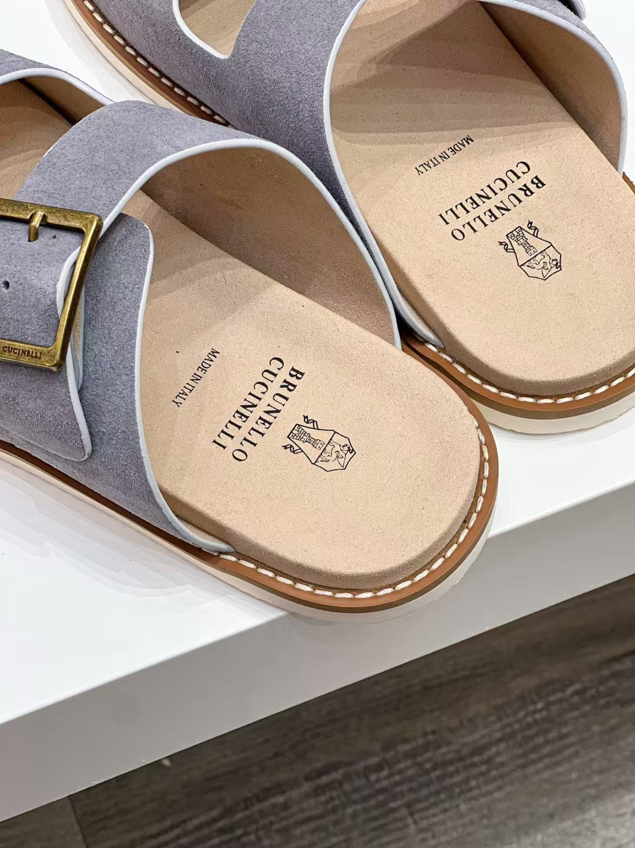 Brunello Cucinelli Buckled Suede Slides Light Gray mix Beige Suede Leather