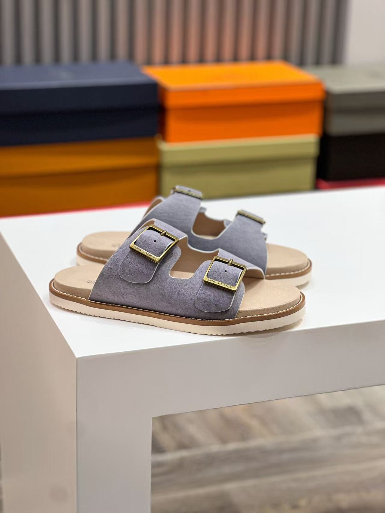Brunello Cucinelli Buckled Suede Slides Light Gray mix Beige Suede Leather