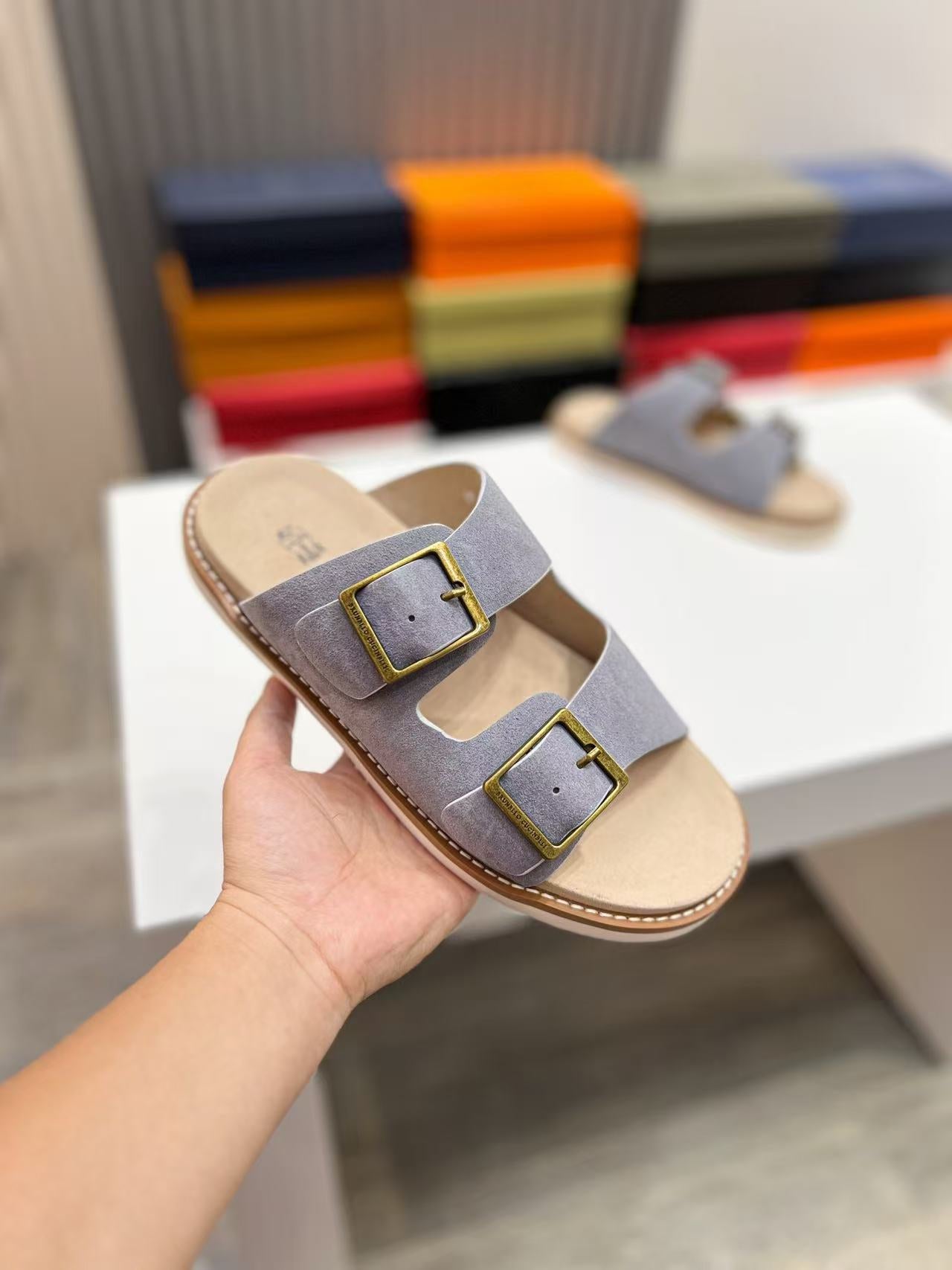 Brunello Cucinelli Buckled Suede Slides Light Gray mix Beige Suede Leather