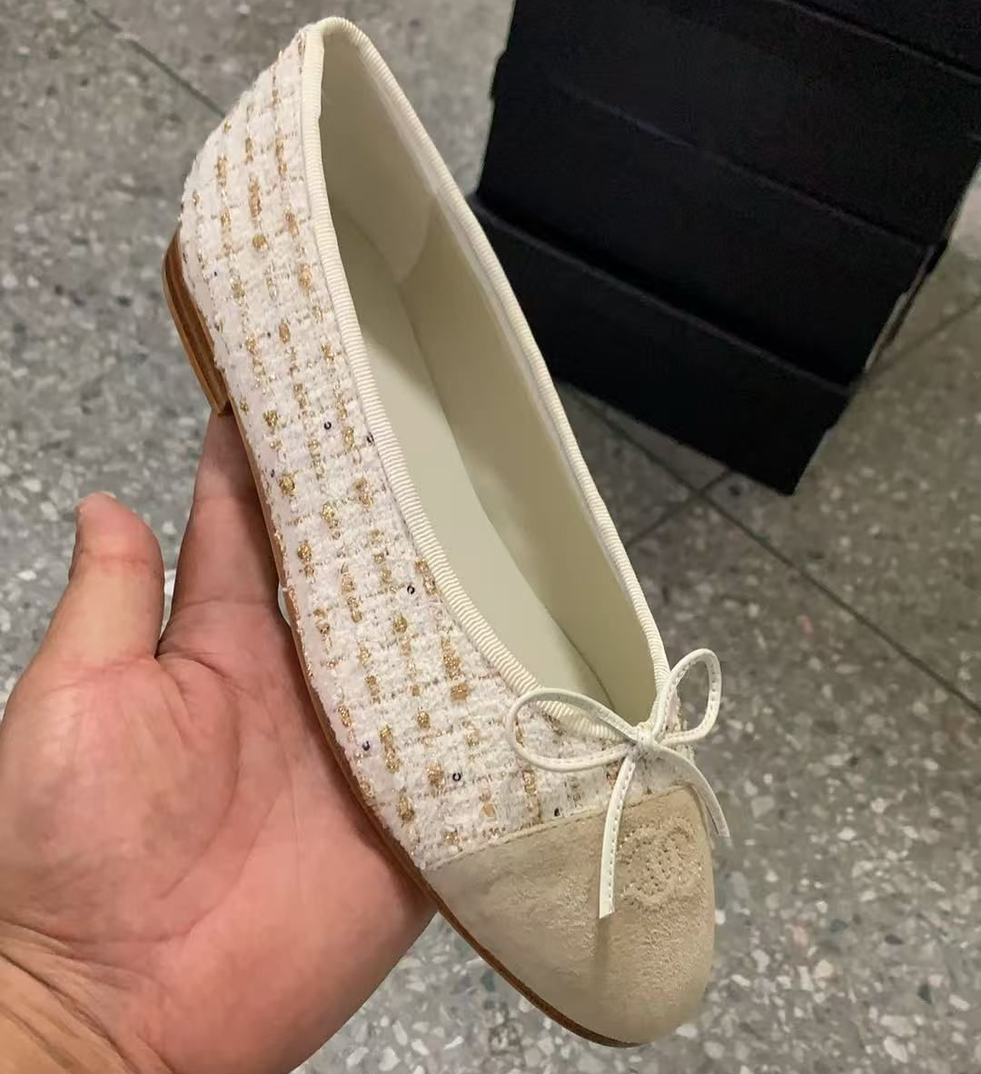 Chanel 2026 Ballet Flat Cream Tweed Leather