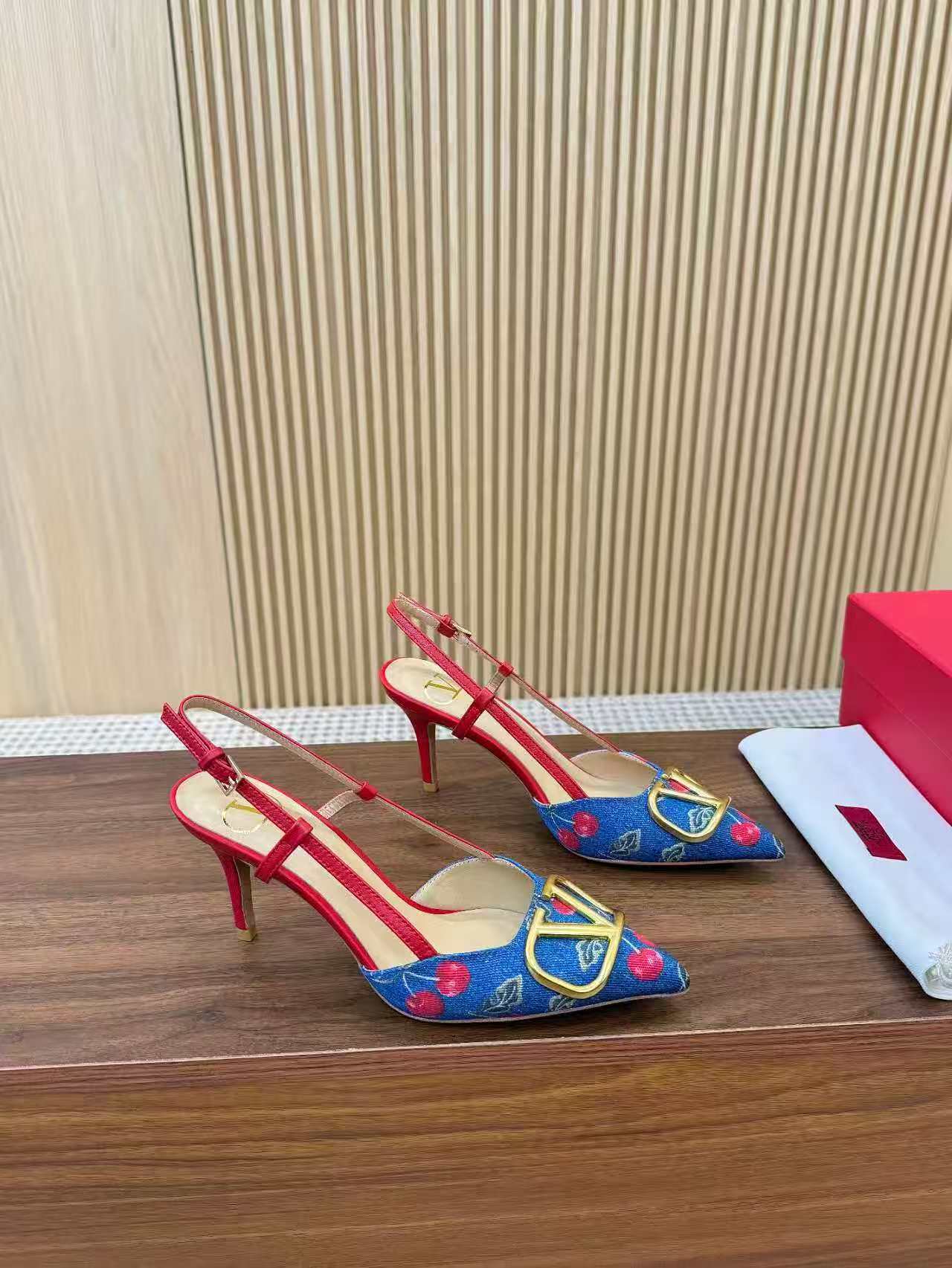 Valentino 2026 Garavani VLogo Cherry Embroidery Slingback Blue Denim Leather 502730