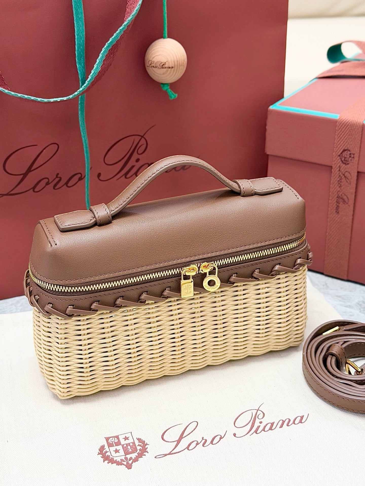 Loro Piana 2026 Extra Pocket L19 East-West Wicker Bag Beige Brown Calfskin