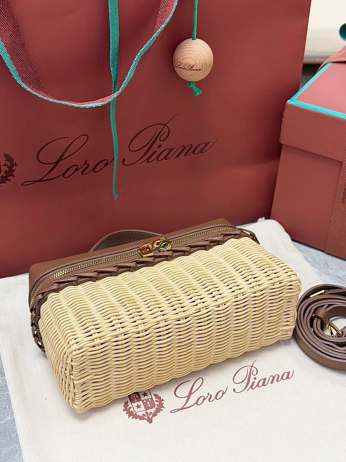 Loro Piana 2026 Extra Pocket L19 East-West Wicker Bag Beige Brown Calfskin
