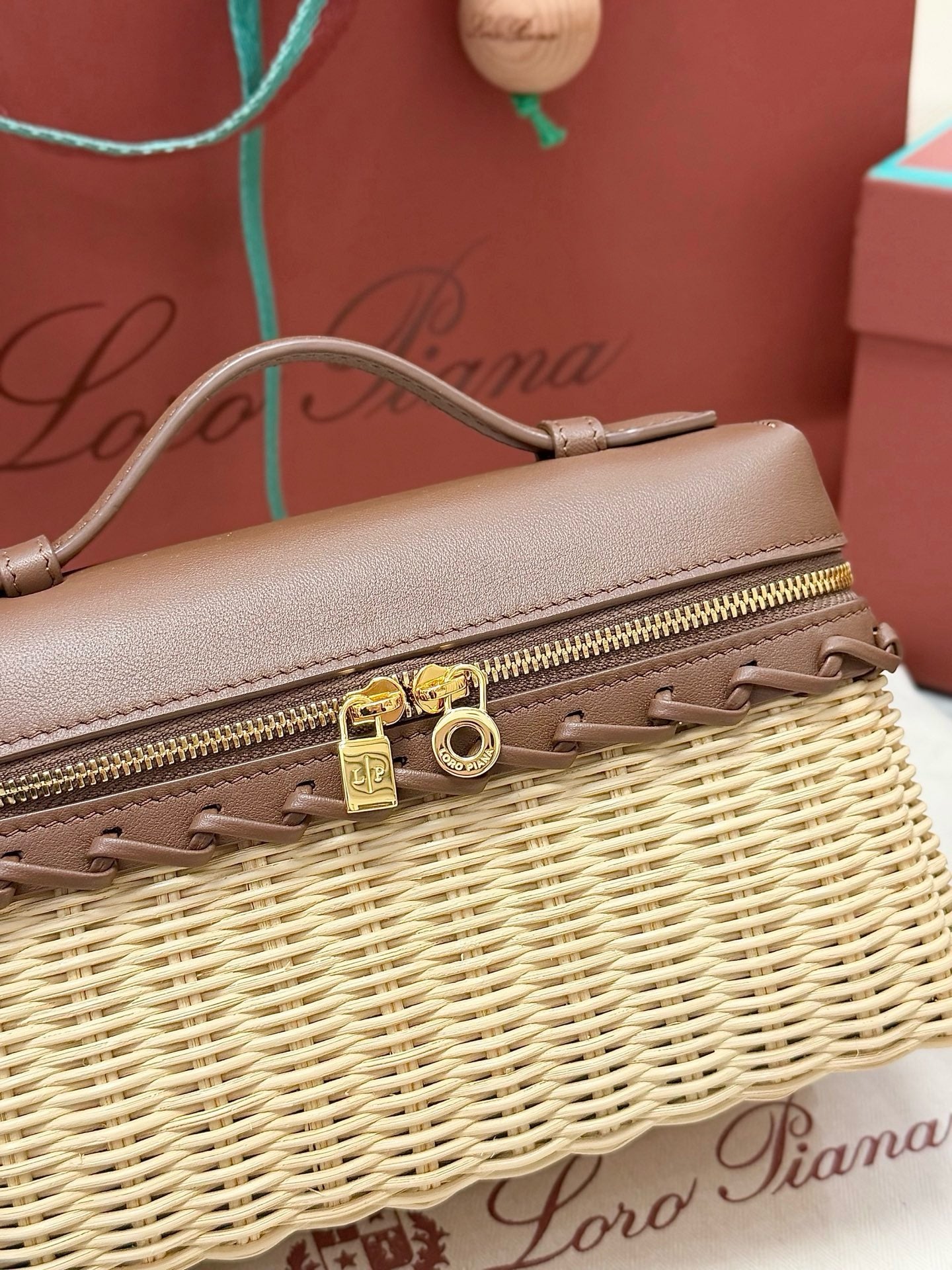 Loro Piana 2026 Extra Pocket L19 East-West Wicker Bag Beige Brown Calfskin