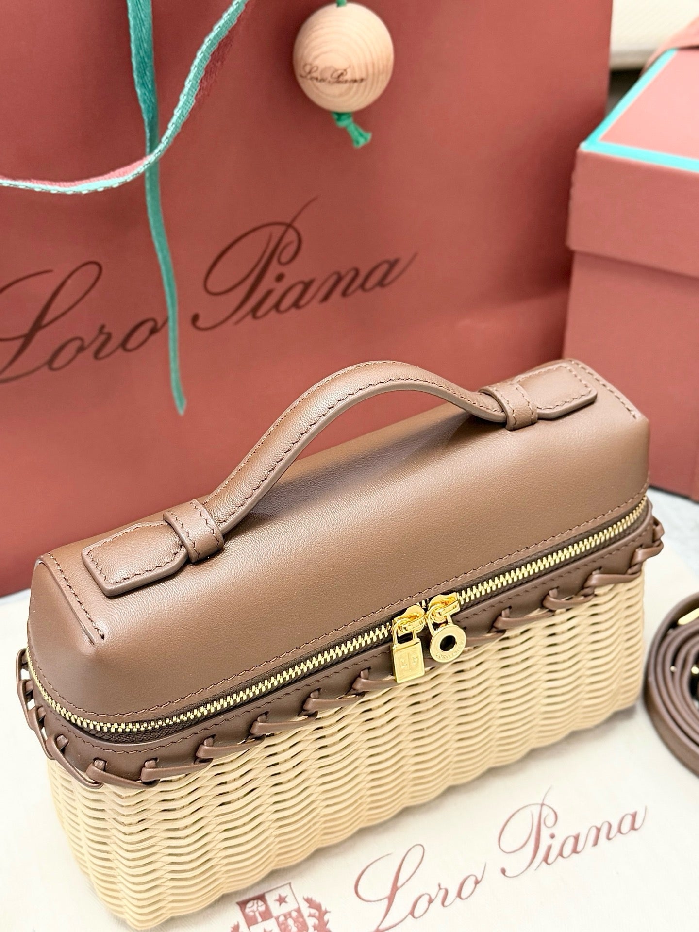 Loro Piana 2026 Extra Pocket L19 East-West Wicker Bag Beige Brown Calfskin