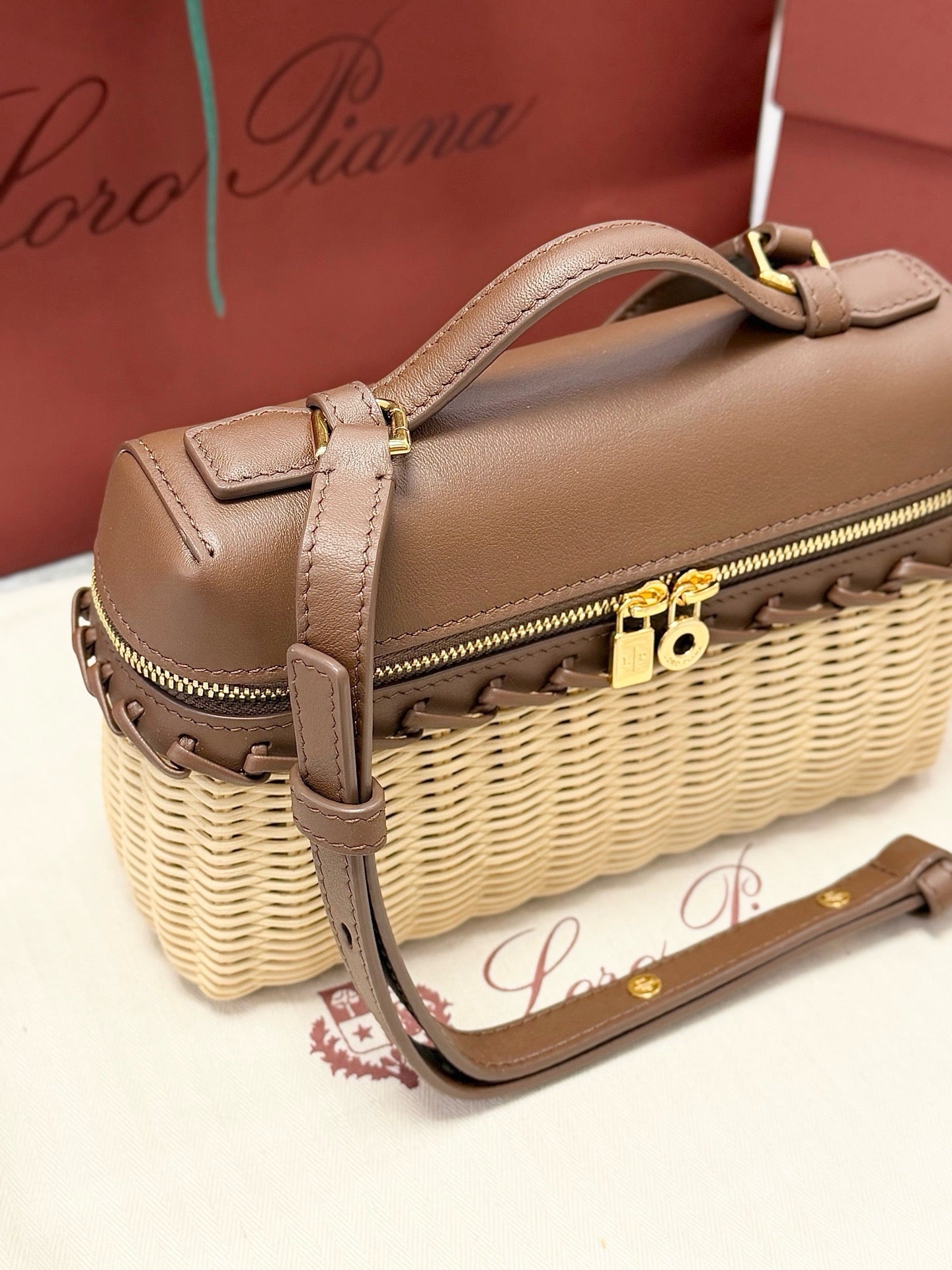 Loro Piana 2026 Extra Pocket L19 East-West Wicker Bag Beige Brown Calfskin