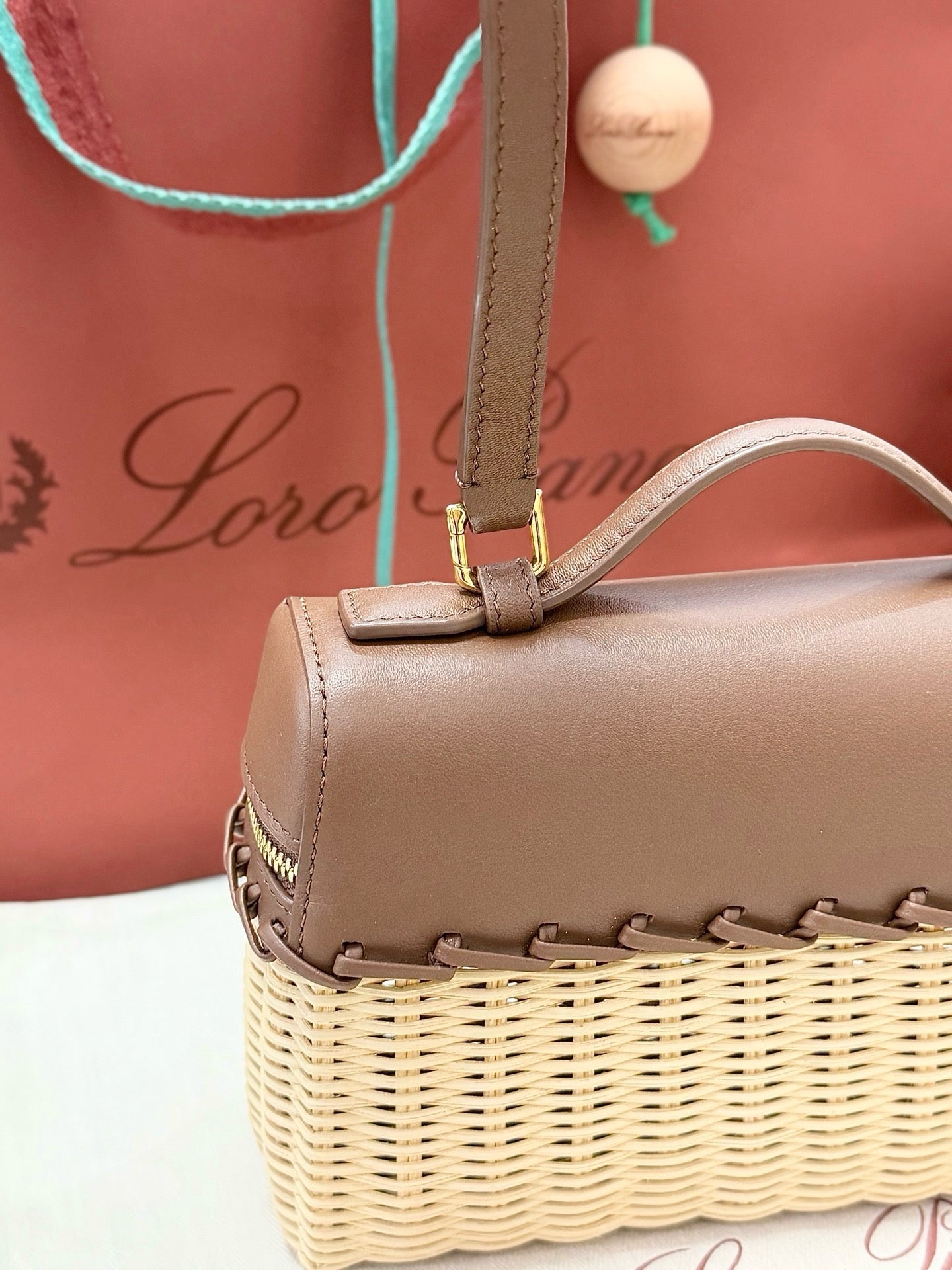 Loro Piana 2026 Extra Pocket L19 East-West Wicker Bag Beige Brown Calfskin