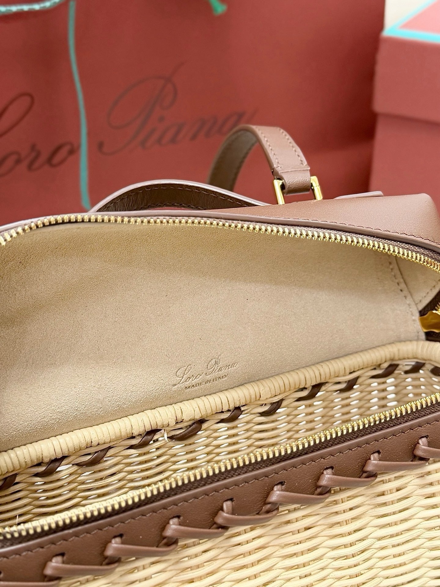 Loro Piana 2026 Extra Pocket L19 East-West Wicker Bag Beige Brown Calfskin