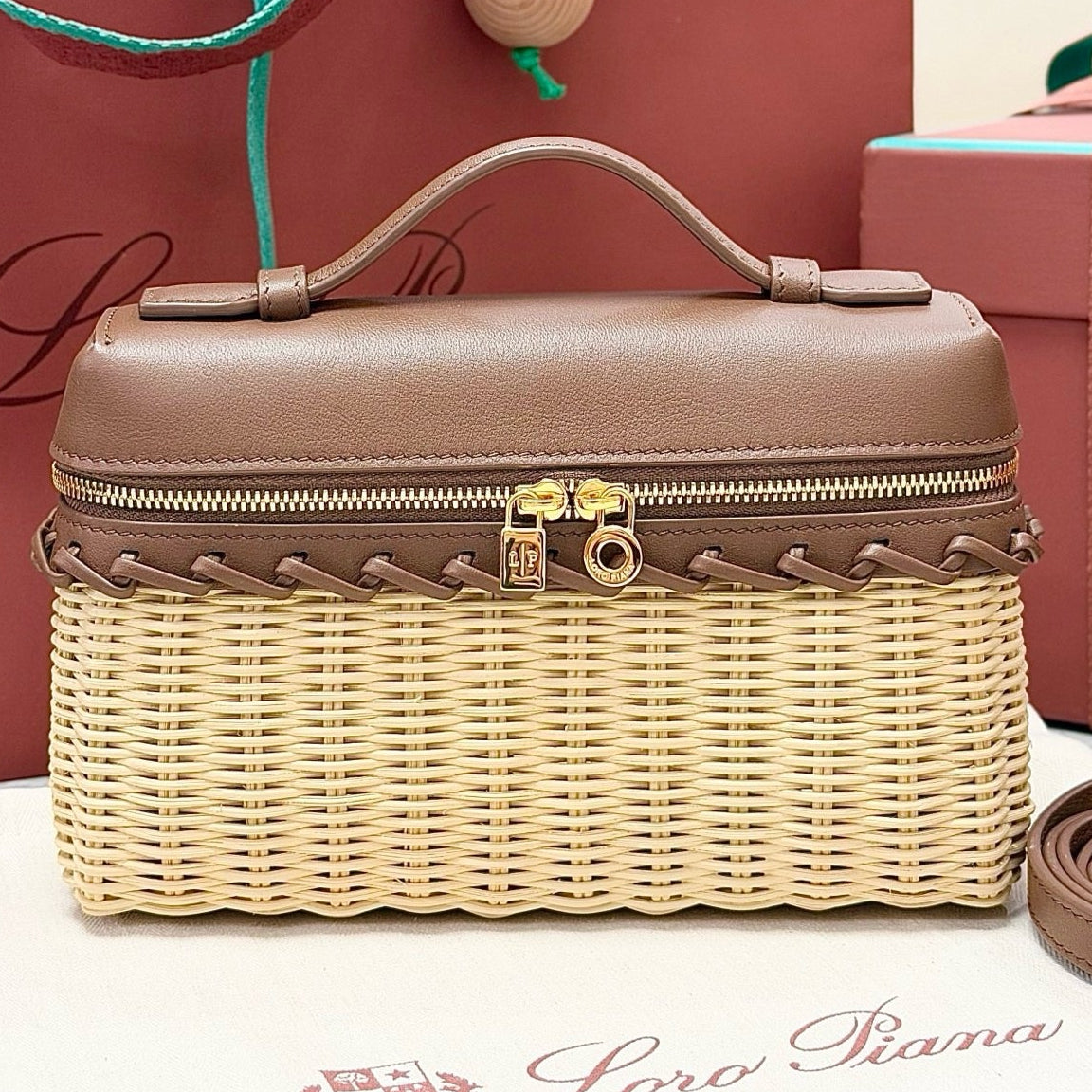 Loro Piana 2026 Extra Pocket L19 East-West Wicker Bag Beige Brown Calfskin