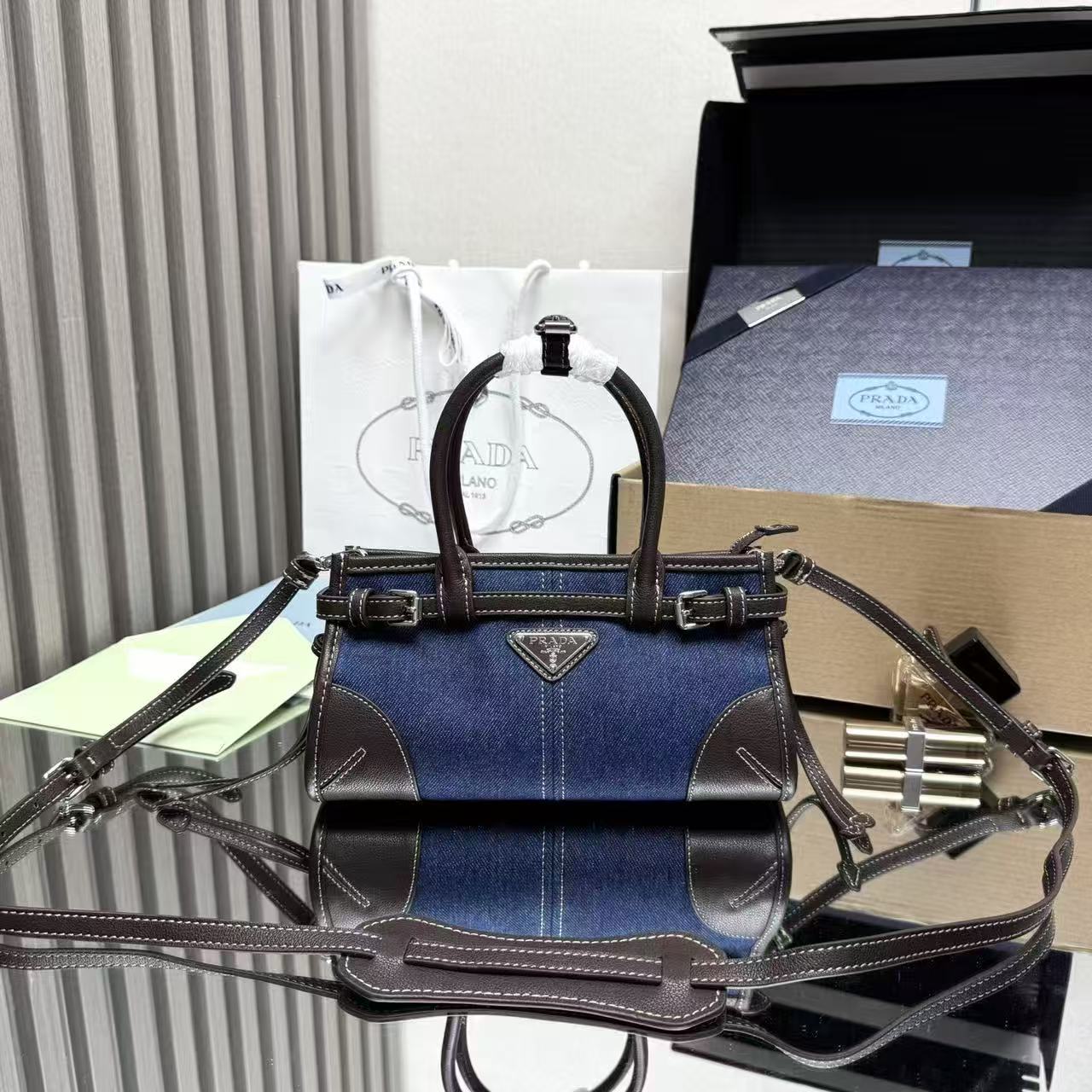 Prada 2026 Bonnie Bag 23.5cm Blue mix Chocolate Denim Leather