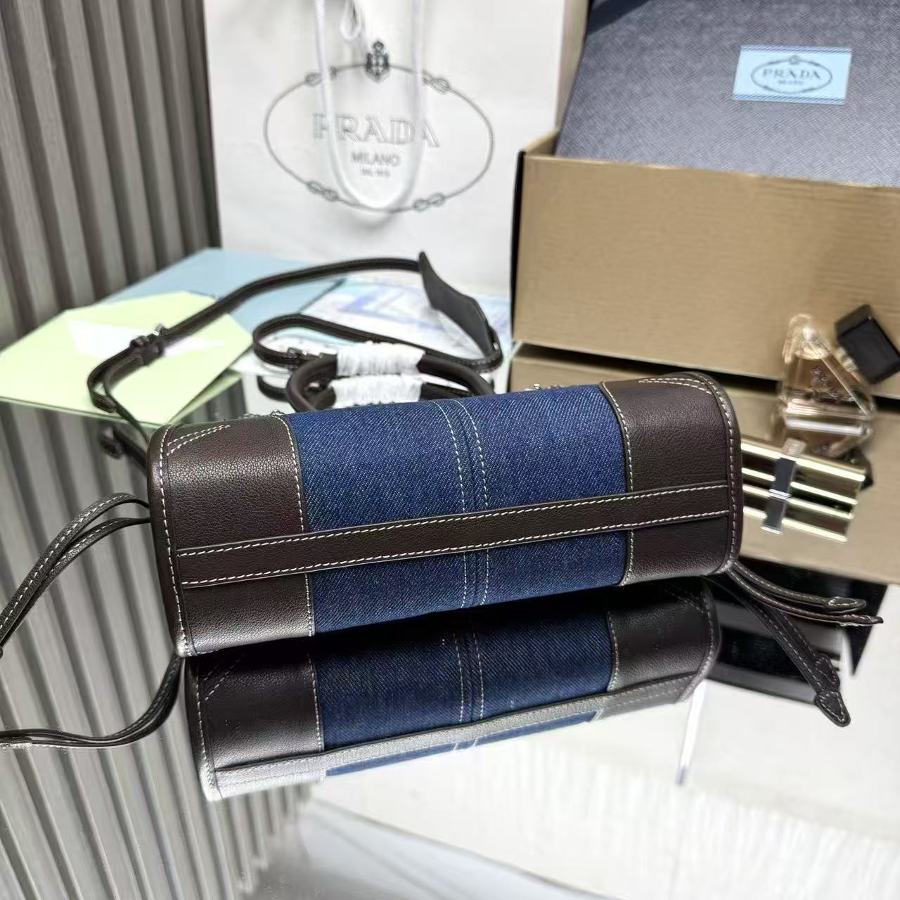Prada 2026 Bonnie Bag 23.5cm Blue mix Chocolate Denim Leather
