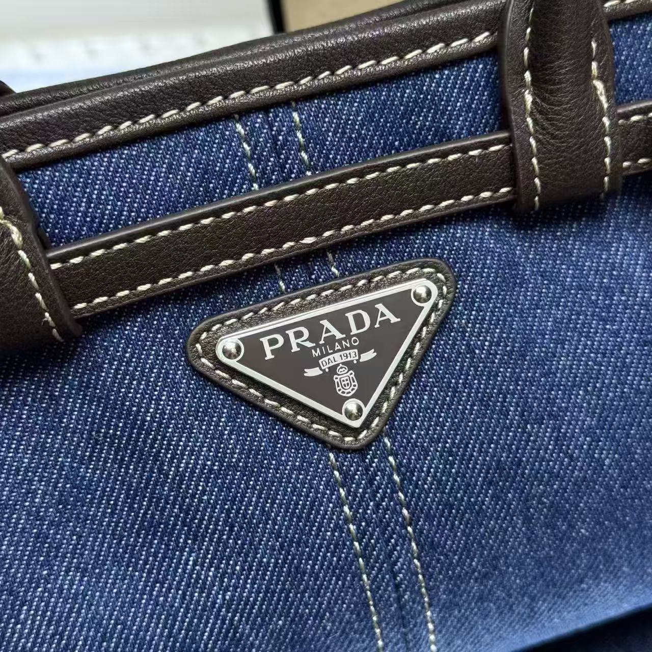Prada 2026 Bonnie Bag 23.5cm Blue mix Chocolate Denim Leather