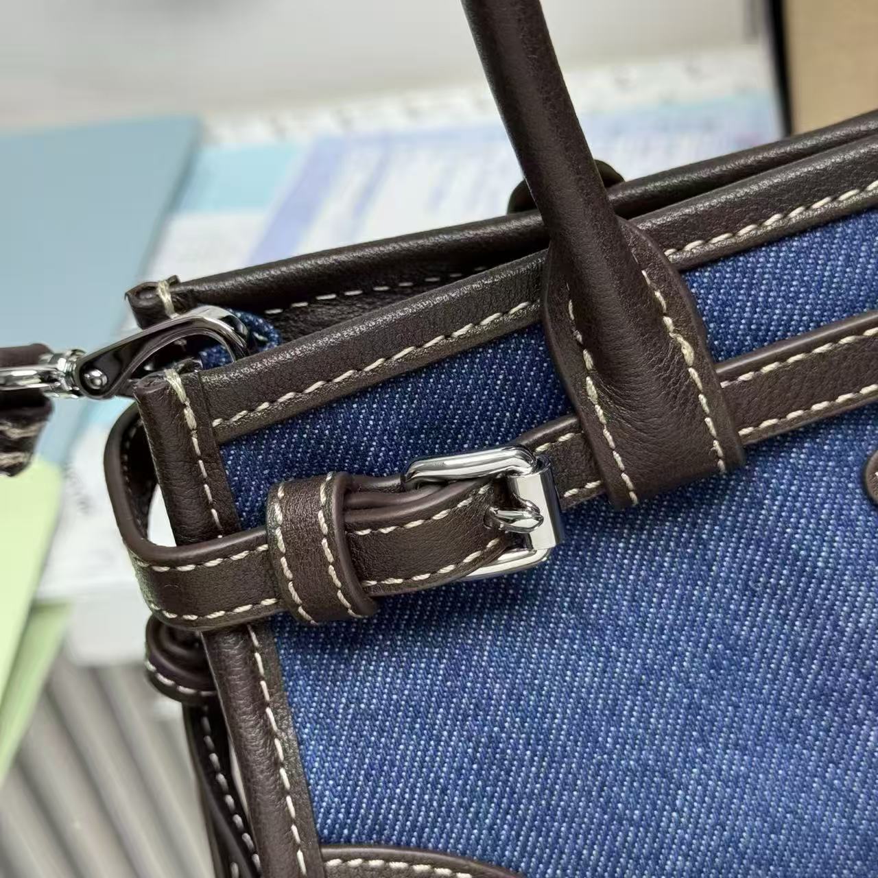 Prada 2026 Bonnie Bag 23.5cm Blue mix Chocolate Denim Leather