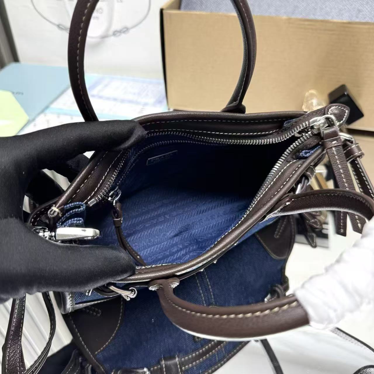 Prada 2026 Bonnie Bag 23.5cm Blue mix Chocolate Denim Leather