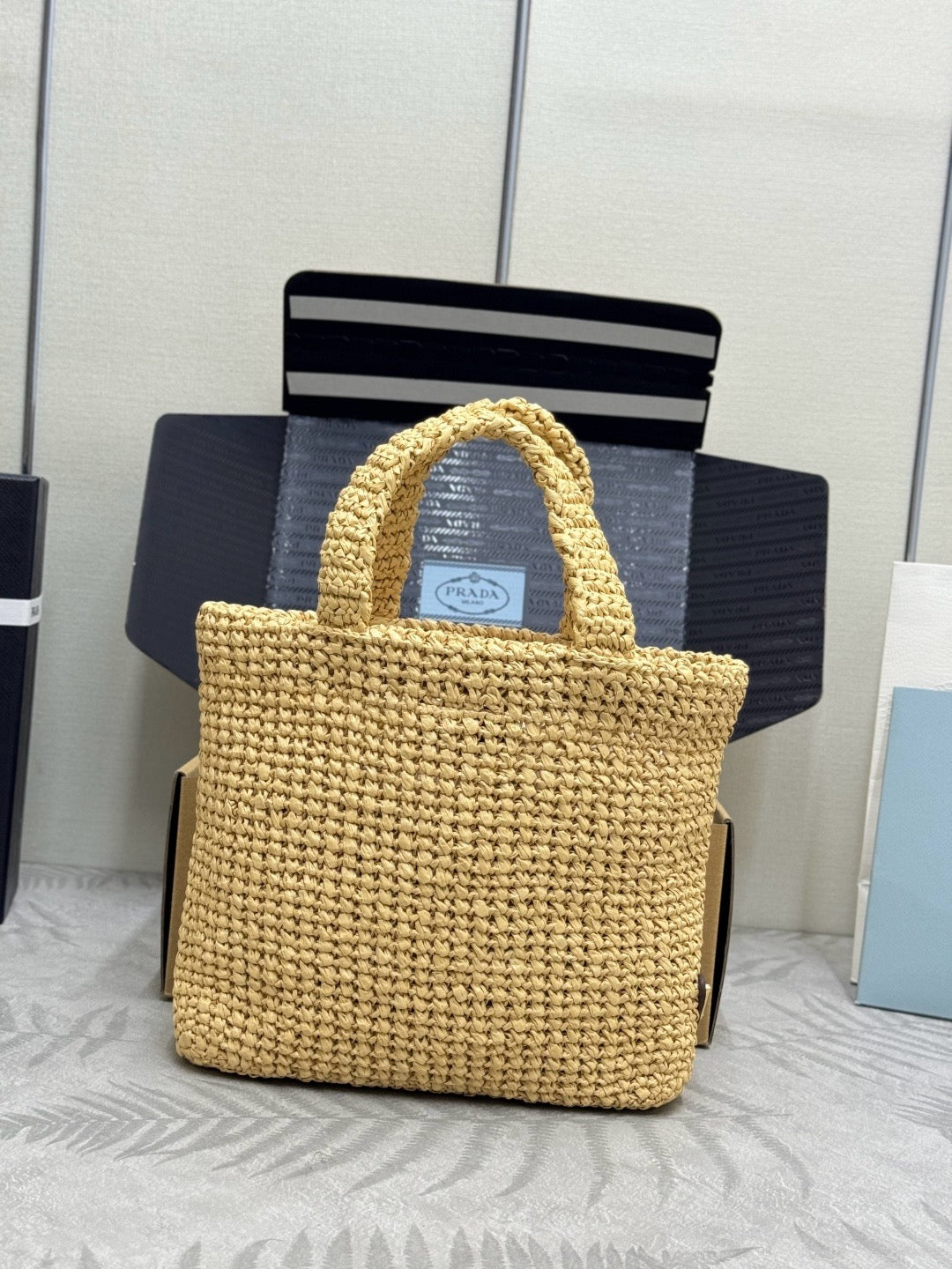 Prada 2026 Crochet Tote Bag 24cm Beige Straw