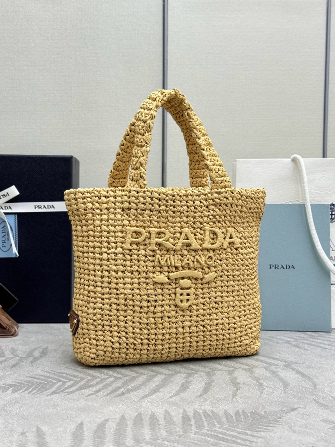 Prada 2026 Crochet Tote Bag 24cm Beige Straw