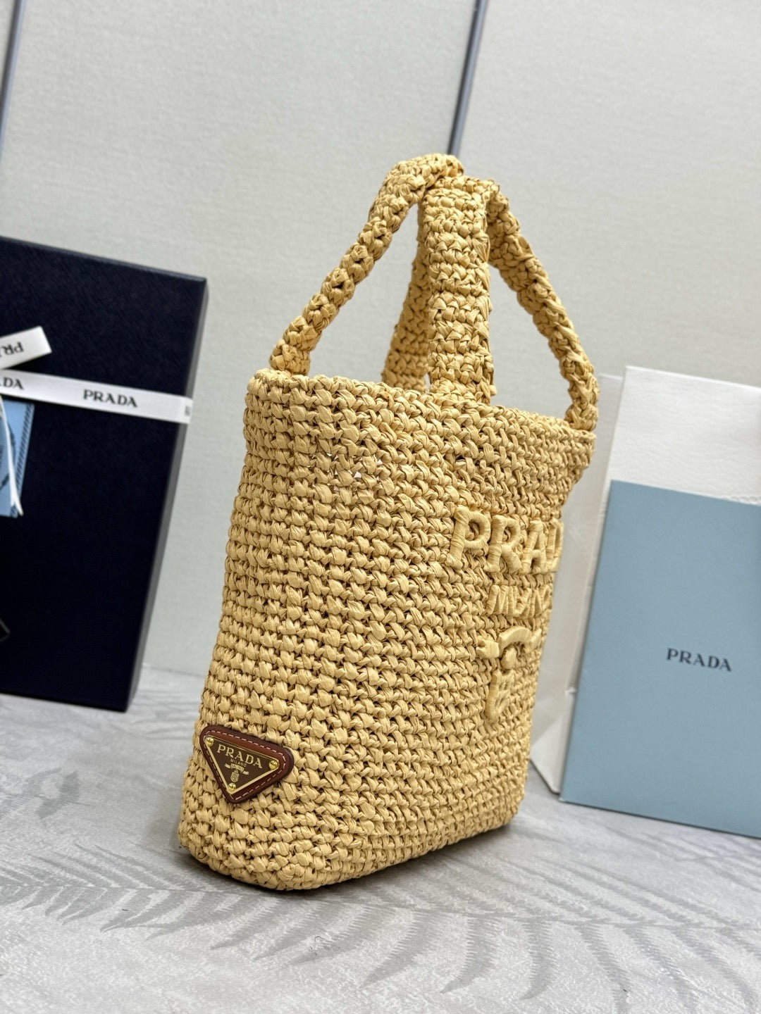 Prada 2026 Crochet Tote Bag 24cm Beige Straw