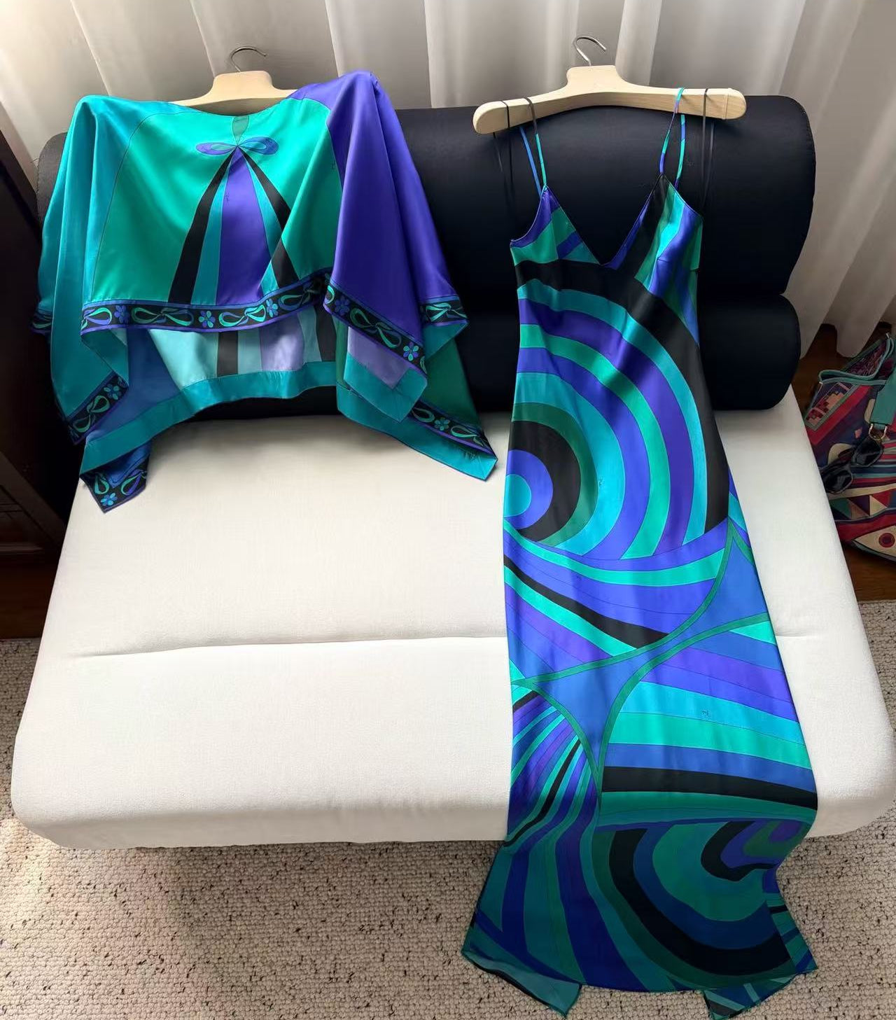 Pucci 2026 Layered Printed Maxi Dress Blue Green Purple Silk